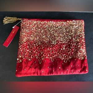 NWT Red Velvet and Gold Sequined Holiday Clutch with gold Tassel by Noor-e-Noire